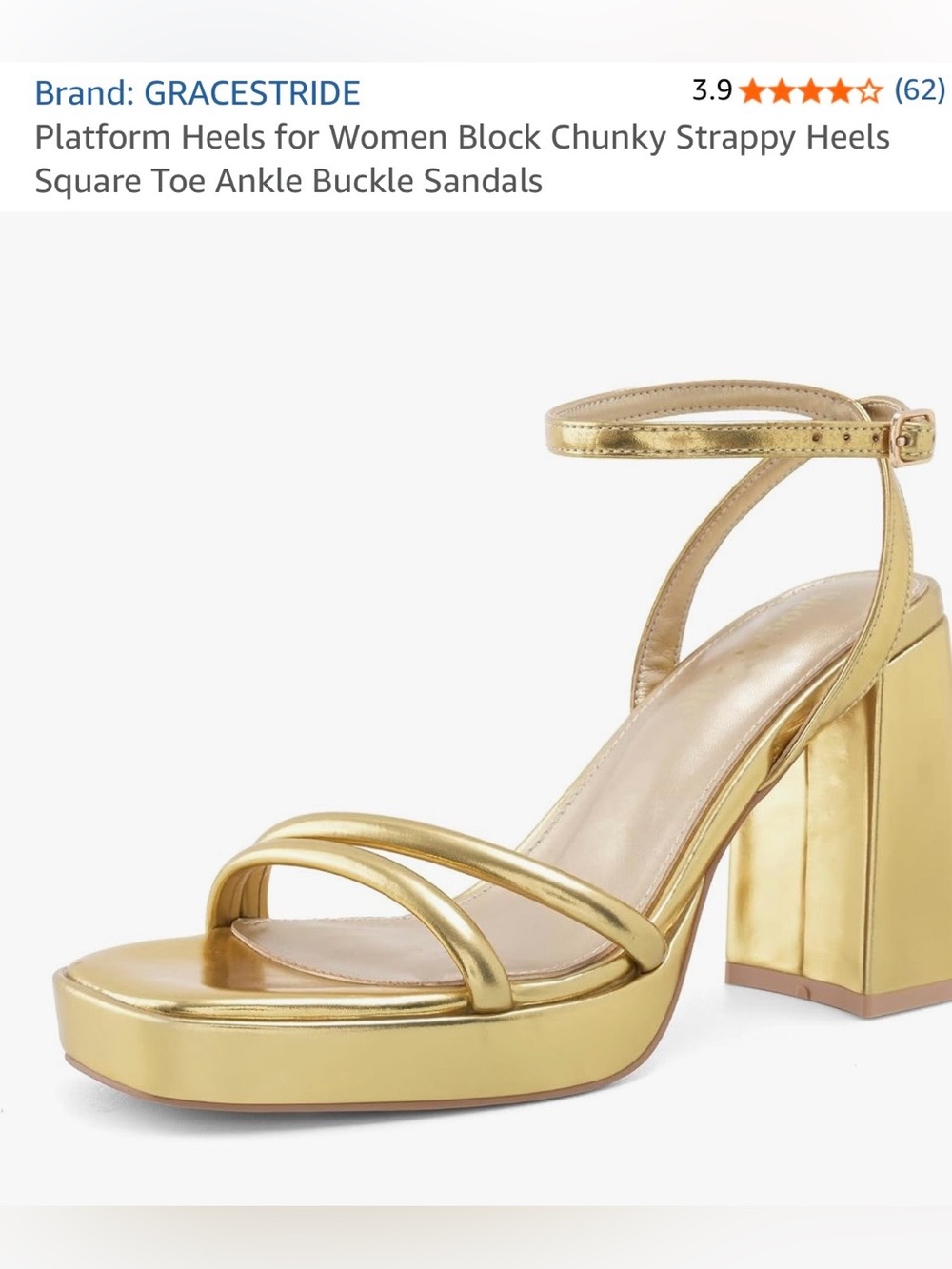 Gracestride Gold Platform Block Heel Ankle Strap Sandals Size 8.5 New #Lux-CL